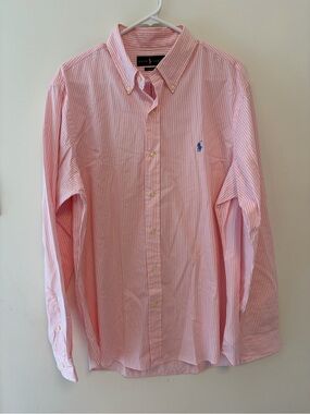 Ralph Lauren Men’s Classic Fit Striped Collared Shirt Pink White Polo Logo Large